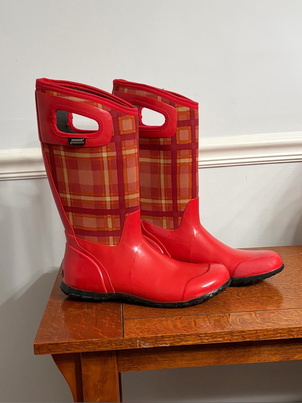Bogs Women's Red and Orange Plaid Mid-Calf Boots